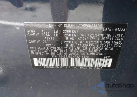 2023 Subaru Outback Onyx Edition from USA, damaged, VIN 4S4BTALC4P3214828